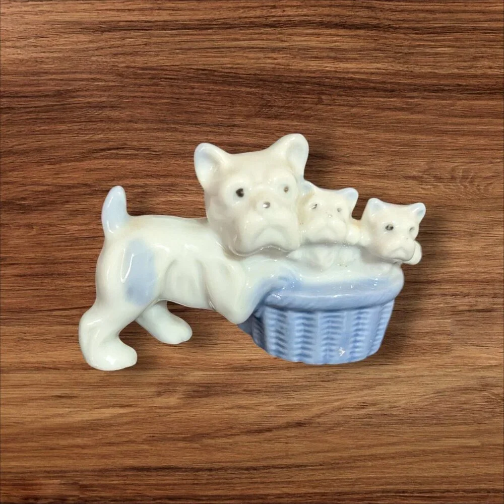 Vintage Porcelain Figurine Terrier Dog W/ Puppies In Basket Blue & White Details